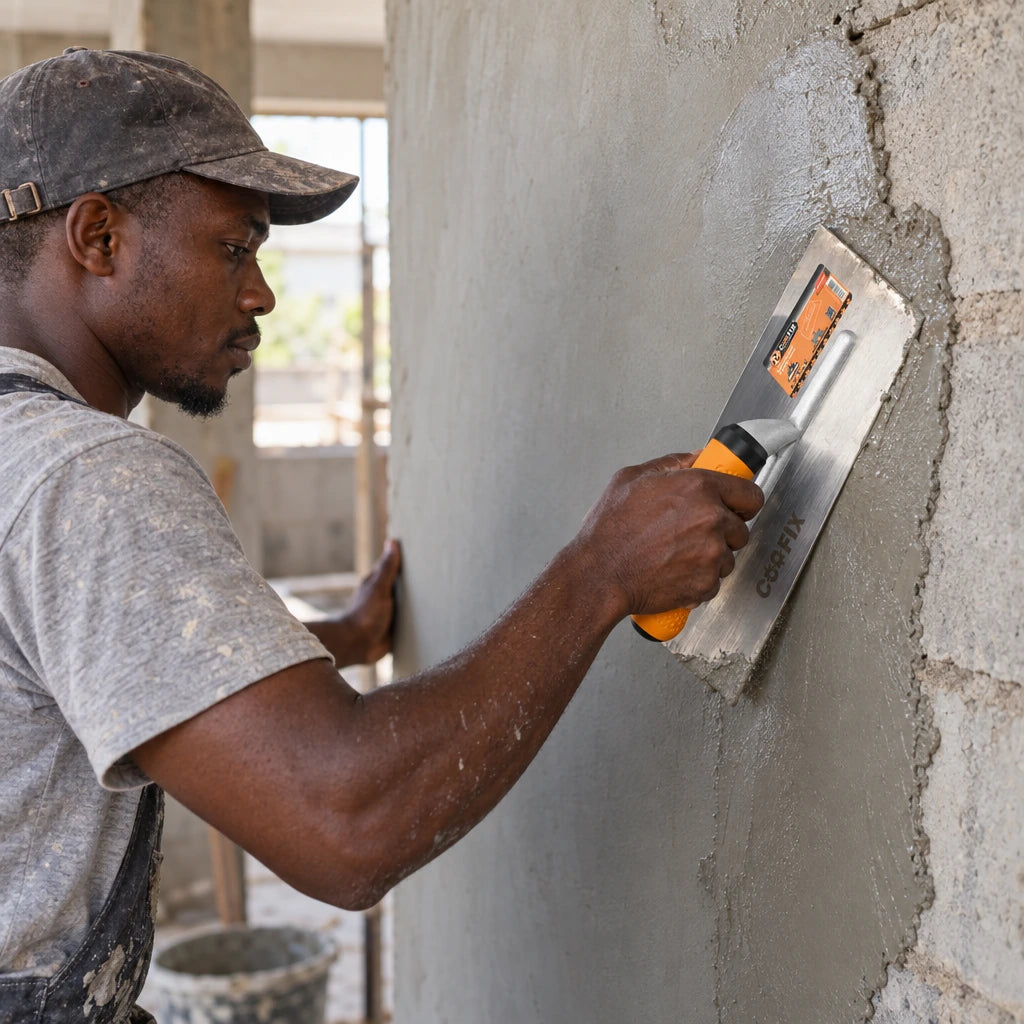 Ghanaian plasterer using a Coofix stainless-steel trowel to smooth fresh wall plaster