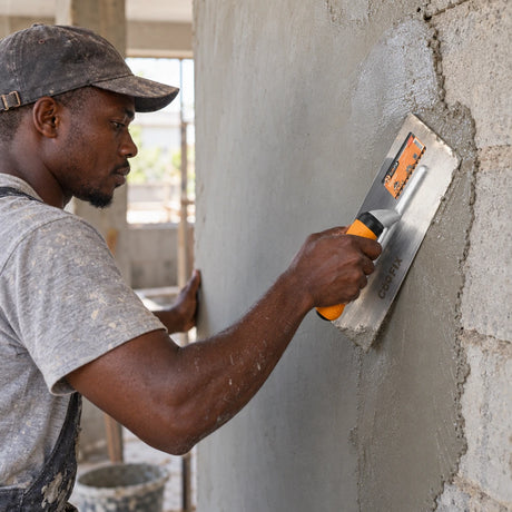 Ghanaian plasterer using a Coofix stainless-steel trowel to smooth fresh wall plaster