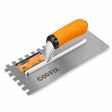 Coofix stainless-steel toothed plastering trowel with orange handle on a white background
