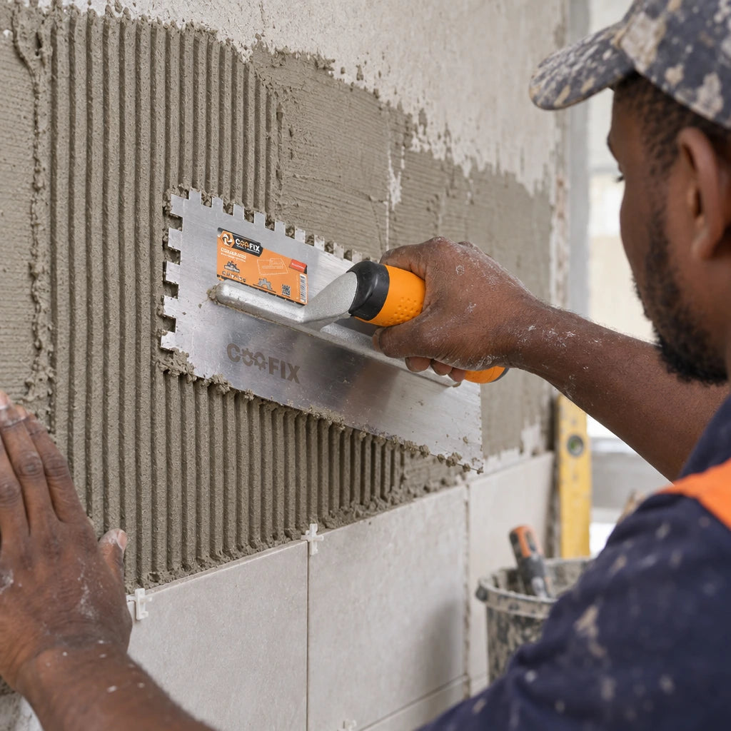 Ghanaian tiler using a Coofix toothed stainless-steel trowel to form adhesive ridges on a wall