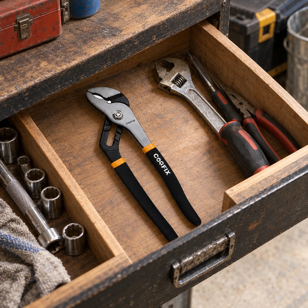 Coofix 12-inch pump pliers resting in an organized workshop tool drawer before plumbing work