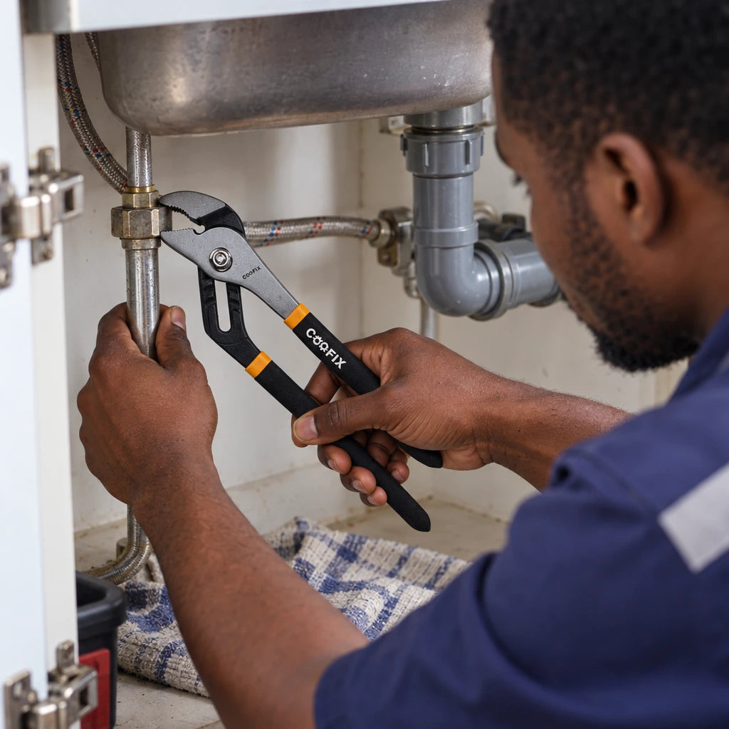 Ghanaian worker using Coofix 12-inch pump pliers to turn a metal plumbing fitting beneath a kitchen sink