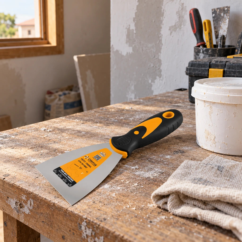 Coofix putty trowel resting on a renovation workbench beside a closed wall filler tub