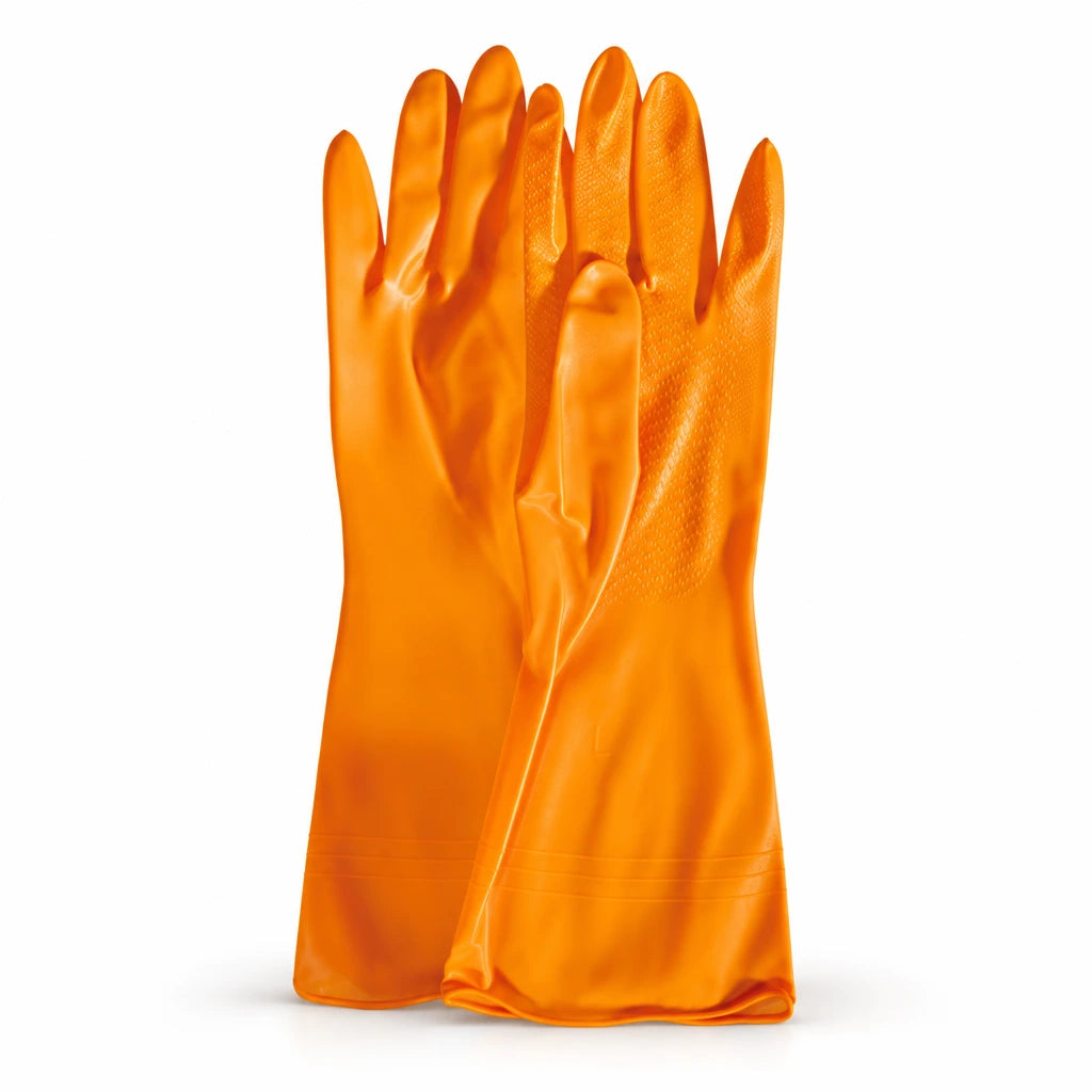 Coofix orange PVC work gloves pair shown upright on a clean white background