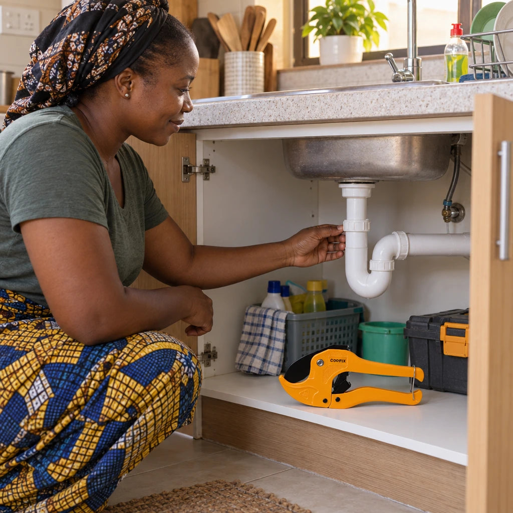 Completed under-sink PVC plumbing repair with a Coofix pipe cutter resting nearby