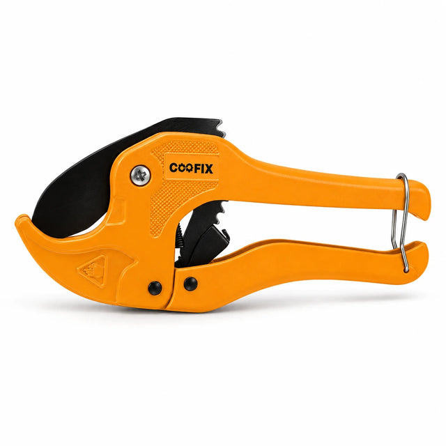 Coofix orange PVC pipe cutter with black steel blade shown on a clean white background