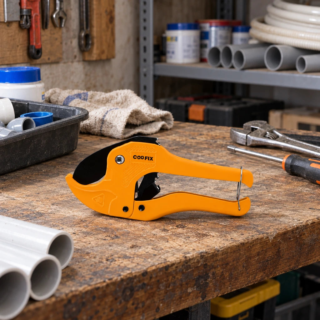 Coofix orange PVC pipe cutter resting on a plumbing workshop bench before use