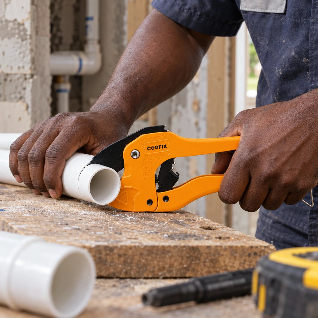 Ghanaian plumber using a Coofix orange PVC pipe cutter to cut white PVC pipe