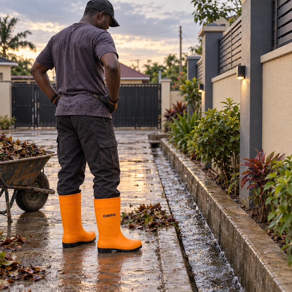 Worker in orange Coofix rain boots standing beside a clear drain after wet outdoor cleanup