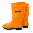 Pair of orange Coofix PVC rain wellington boots with black lugged soles on a clean white background