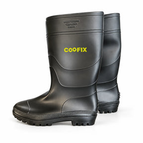Pair of black Coofix PVC rain Wellington boots on a white background