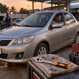 Completed vehicle maintenance scene with a Coofix ratchet wrench resting beside a ready car