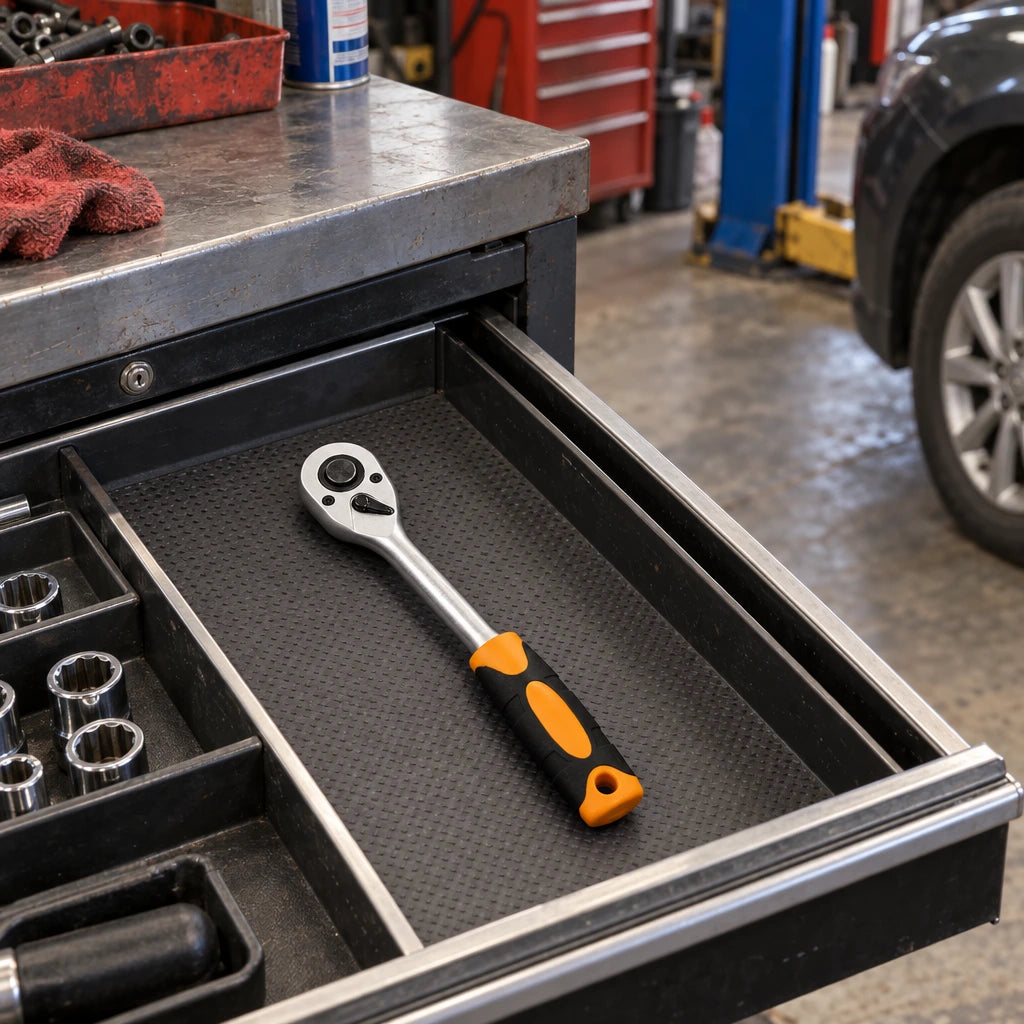 Coofix ratchet wrench resting in an open tool tray on an automotive workshop bench