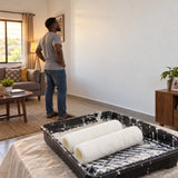 Freshly painted home interior with a Coofix 9-inch acrylic roller cover resting on a paint tray