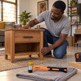 Completed wooden furniture beside a Coofix dual-face hammer after careful non-marring assembly