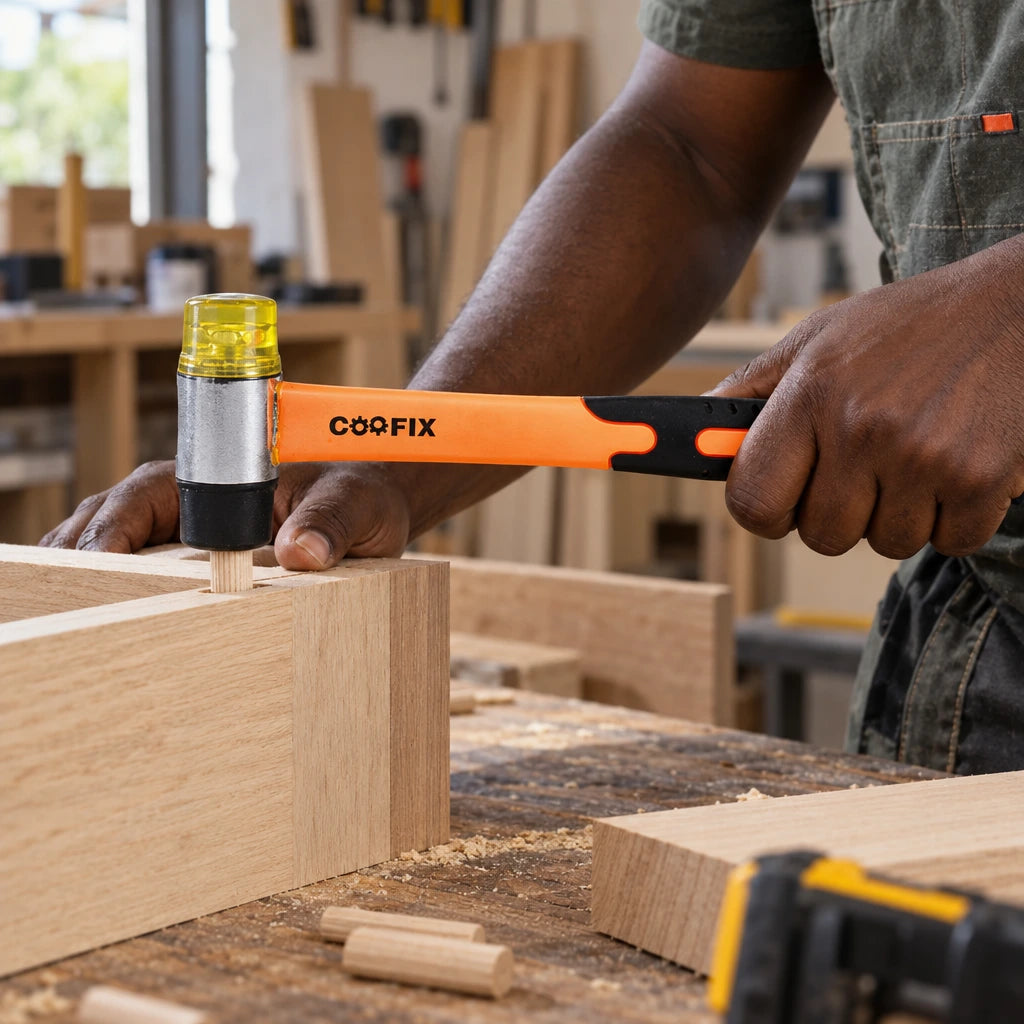 Worker using the black rubber face of a Coofix dual-face hammer to align a wooden furniture joint