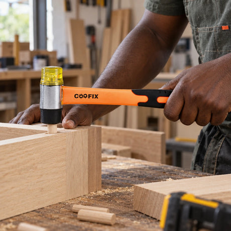 Worker using the black rubber face of a Coofix dual-face hammer to align a wooden furniture joint
