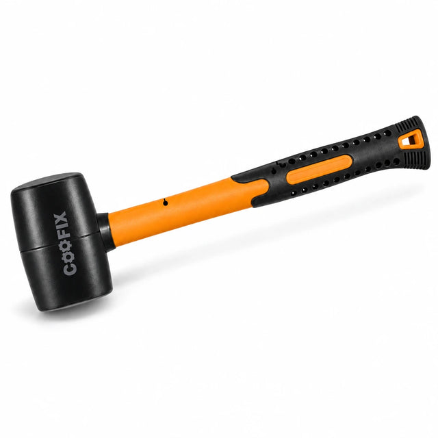 Coofix 8 oz black rubber mallet with orange fiberglass handle isolated on a white background