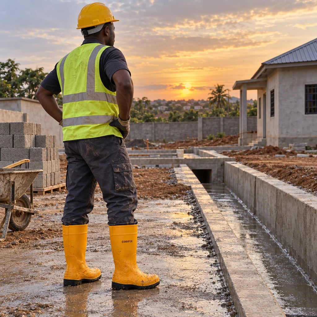 Worker wearing yellow Coofix rubber safety boots beside a completed wet-weather construction project