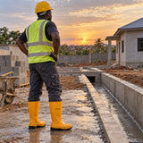 Worker wearing yellow Coofix rubber safety boots beside a completed wet-weather construction project