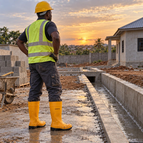 Worker wearing yellow Coofix rubber safety boots beside a completed wet-weather construction project