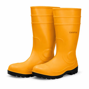 Coofix yellow rubber safety boots with steel toe protection and black reinforced soles on a white background