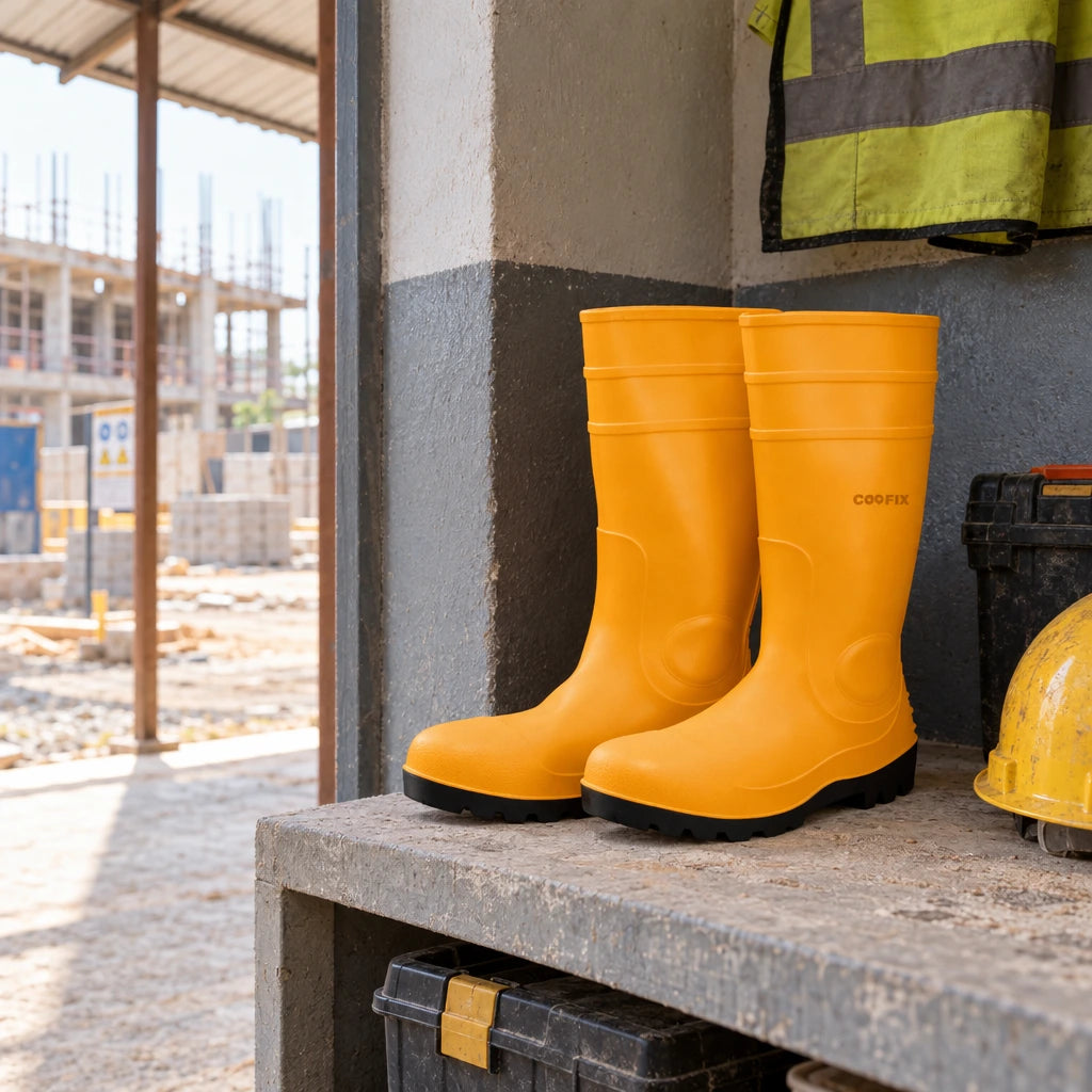 Coofix yellow rubber safety boots parked on a concrete shelf at a covered construction site entrance