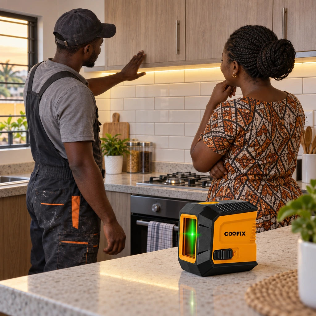 Finished neatly aligned tiled backsplash with a Coofix laser level resting nearby and a Ghanaian homeowner reviewing the result