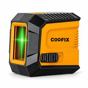 Coofix black and orange self-leveling green cross-line laser level on a white background