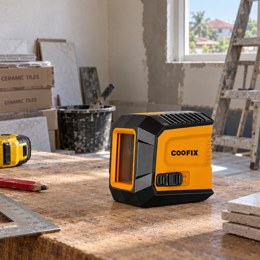 Coofix green cross-line laser level resting on a timber workbench in a home renovation space