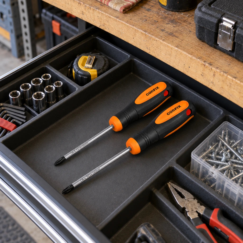 Coofix Pozidriv screwdriver pair resting in an organised workshop tool drawer