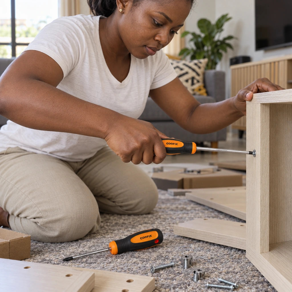 Ghanaian adult tightening a cabinet screw with a Coofix PZ2 Pozidriv screwdriver