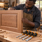 Finished timber cabinet joinery beside a Coofix four-piece wood chisel set in a Ghanaian workshop
