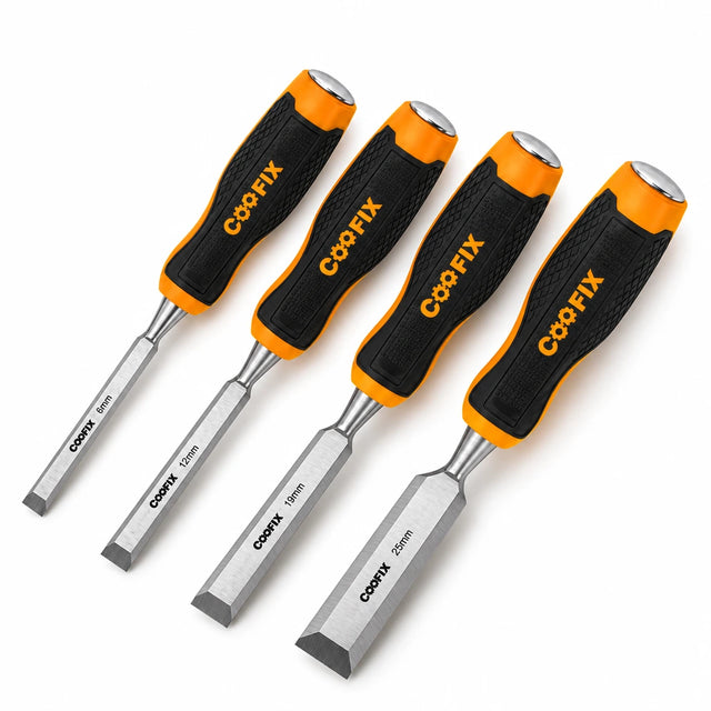 Coofix four-piece chrome-vanadium wood chisel set with black and orange handles on a white background