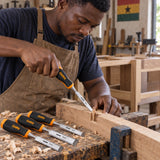 Ghanaian carpenter using a Coofix wood chisel to pare a timber mortise at a workshop bench