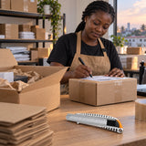 Completed cardboard packaging and ready parcel with a Coofix snap-off knife in a Ghanaian small-business dispatch area