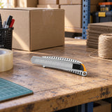 Coofix aluminium snap-off blade knife resting on a Ghanaian packing bench beside closed cardboard cartons