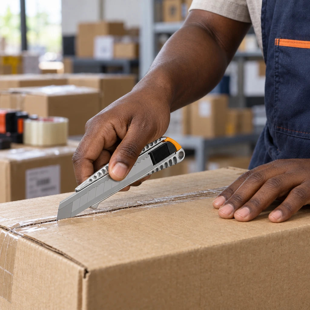 Ghanaian worker using a Coofix aluminium snap-off knife to cut a cardboard carton seam