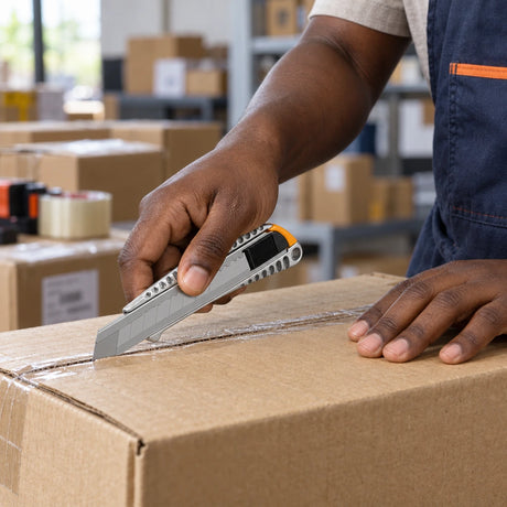 Ghanaian worker using a Coofix aluminium snap-off knife to cut a cardboard carton seam