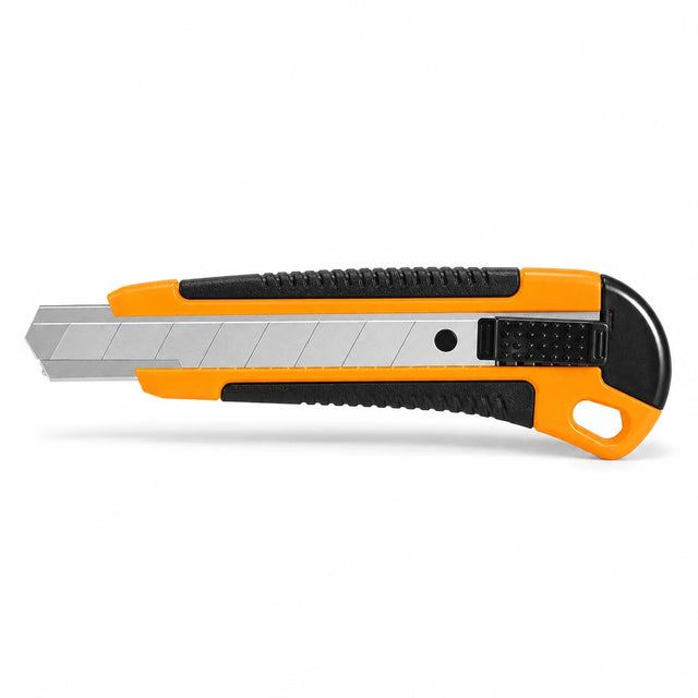 Coofix orange and black 100 mm snap-off blade knife with exposed segmented SK5 steel blade on a white background