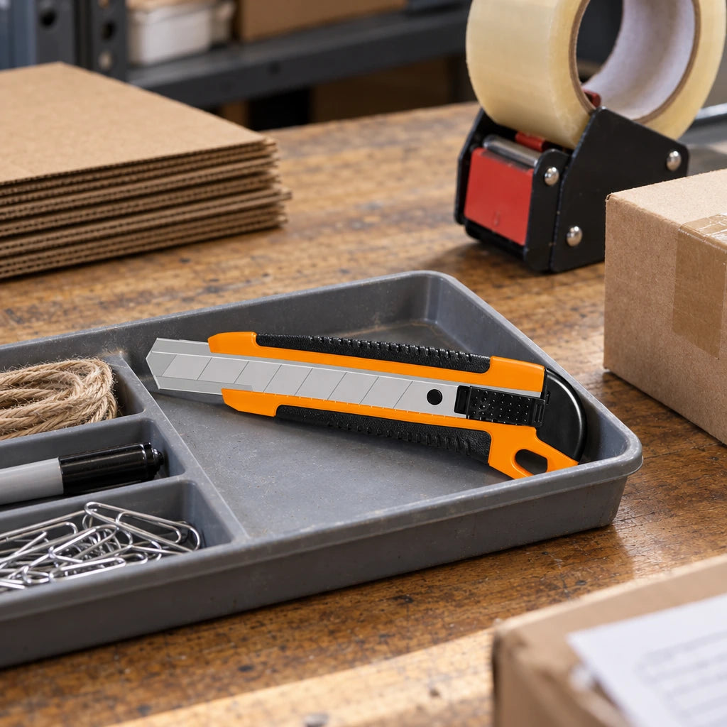 Coofix snap-off blade knife resting in a tool tray at an organised cardboard packing station