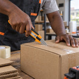 Ghanaian worker using a Coofix snap-off blade knife to cut along a cardboard carton seam at a packing table