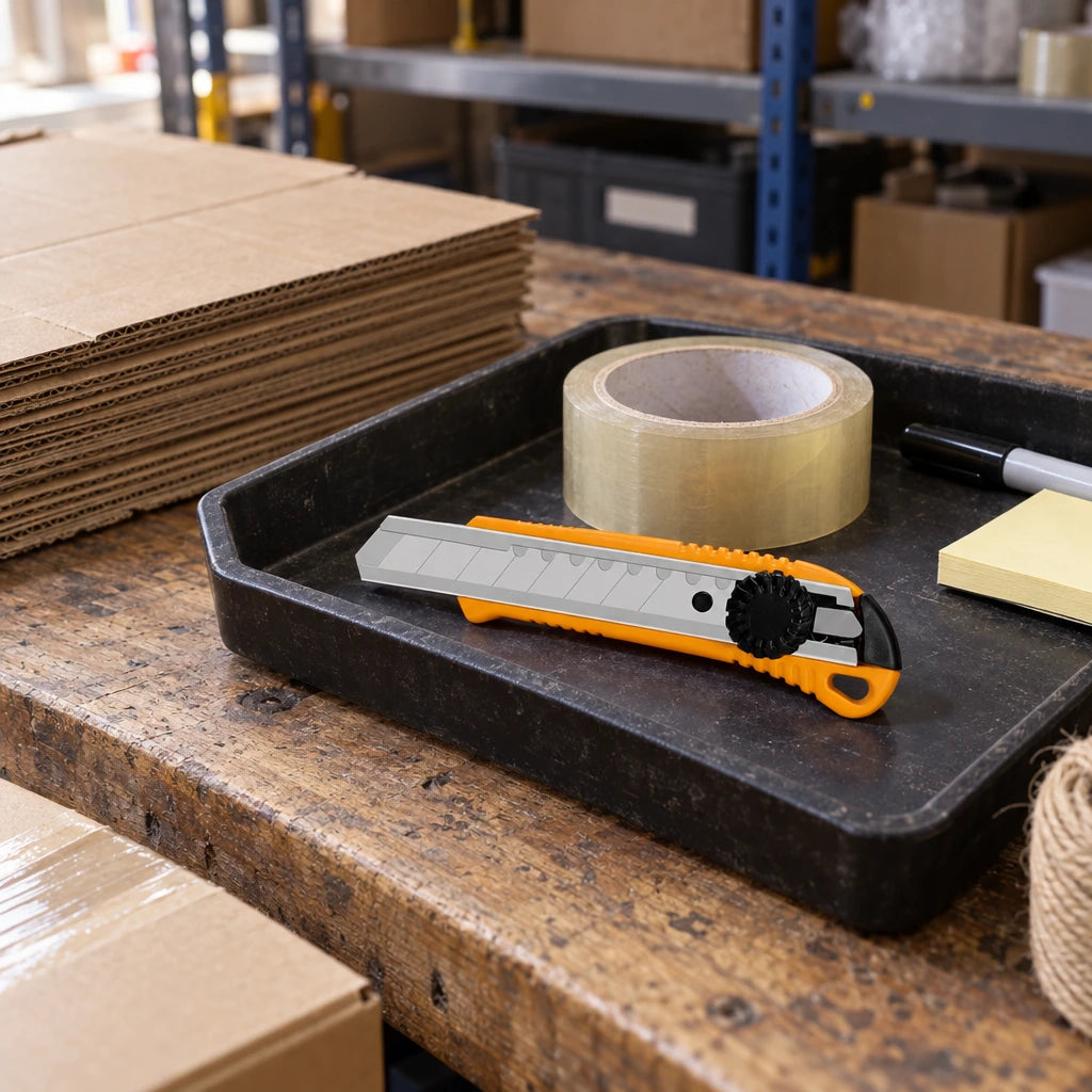 Coofix snap-off blade knife resting in a tool tray on a packaging workstation beside cartons