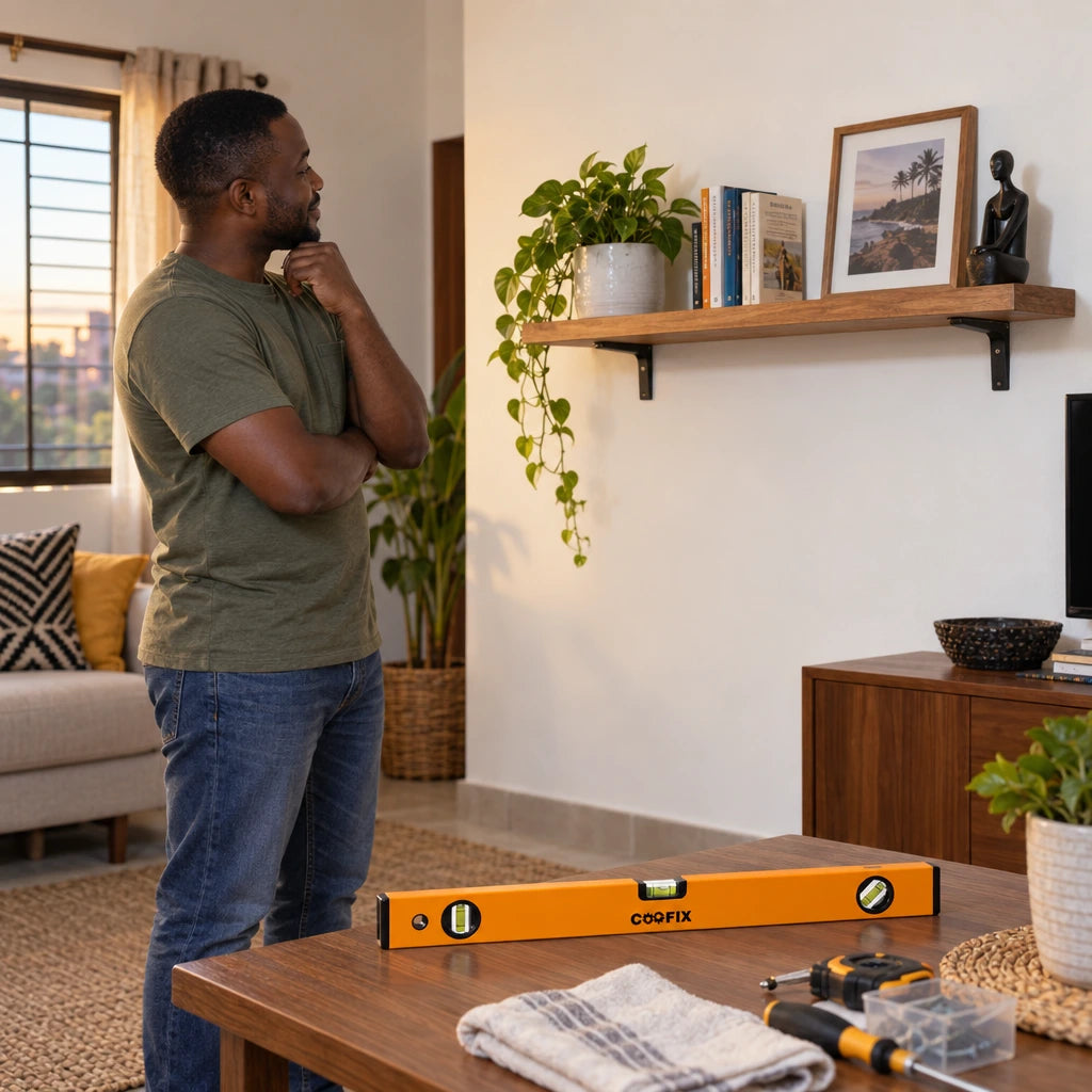 Satisfied Ghanaian homeowner viewing a neatly level wall shelf with a Coofix spirit level resting nearby