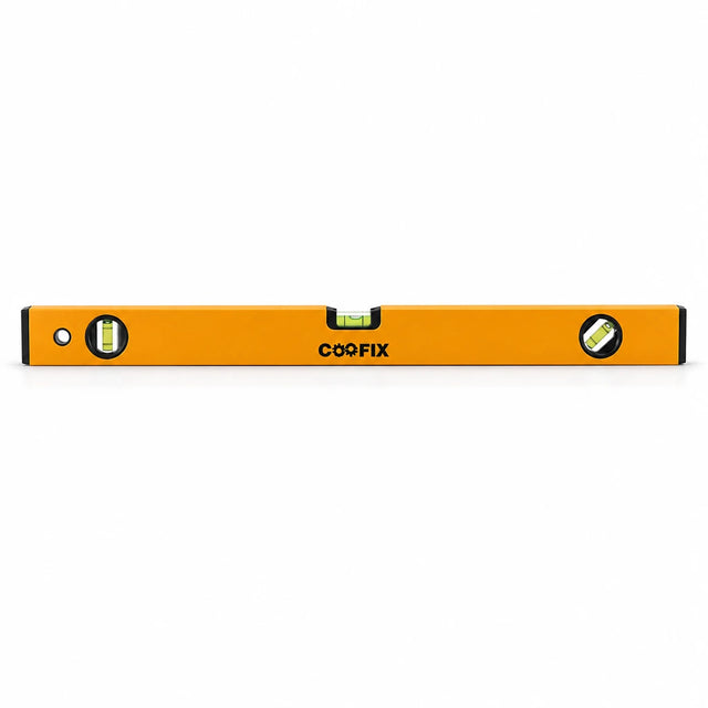 Coofix orange aluminium spirit level with black end caps and visible vial windows on a white background