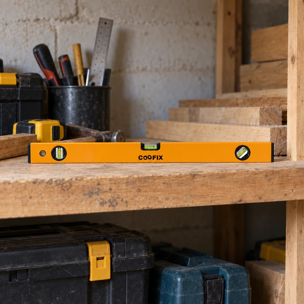 Coofix aluminium spirit level resting on a wooden workshop shelf among stored carpentry tools