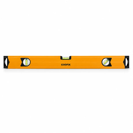 Coofix orange magnetic aluminium spirit level with three bubble vials isolated on a white background