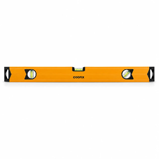 Coofix orange magnetic aluminium spirit level with three bubble vials isolated on a white background
