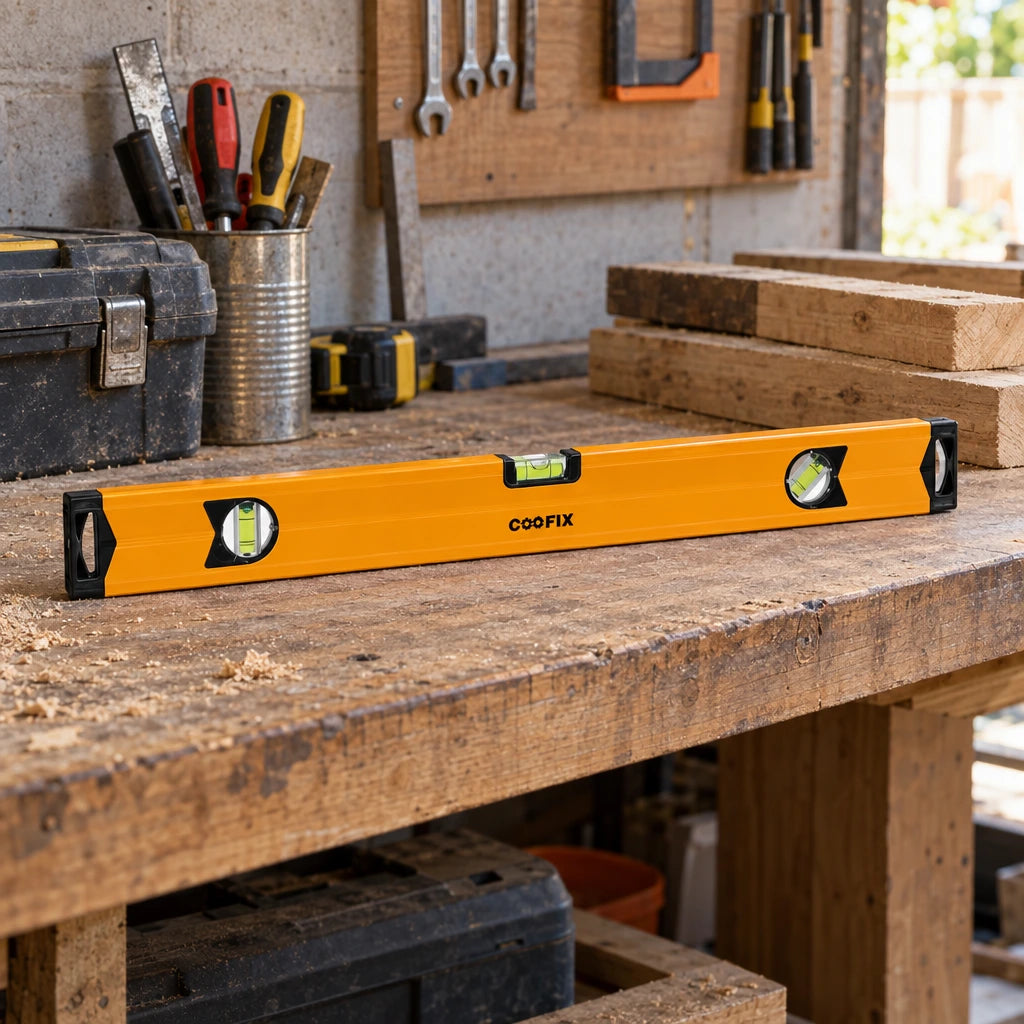 Coofix orange magnetic spirit level resting on a timber shelf in a Ghanaian construction workshop