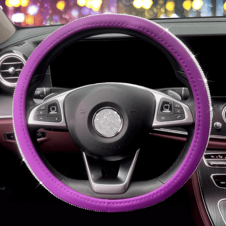 SM Select Interior Comfort & Styling Leather Steering Wheel Cover With Bling Crystal Rhinestones